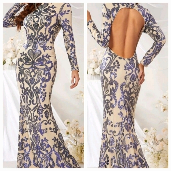 Apricot Tribal Print, Sequined, Stand Collar,  long sleeved Mermaid Maxi… - Picture 1 of 12
